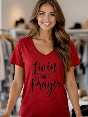 NWOT Hanes Women's Red Graphic V-Neck Short Sleeve Shirt M "Livin on a Prayer"